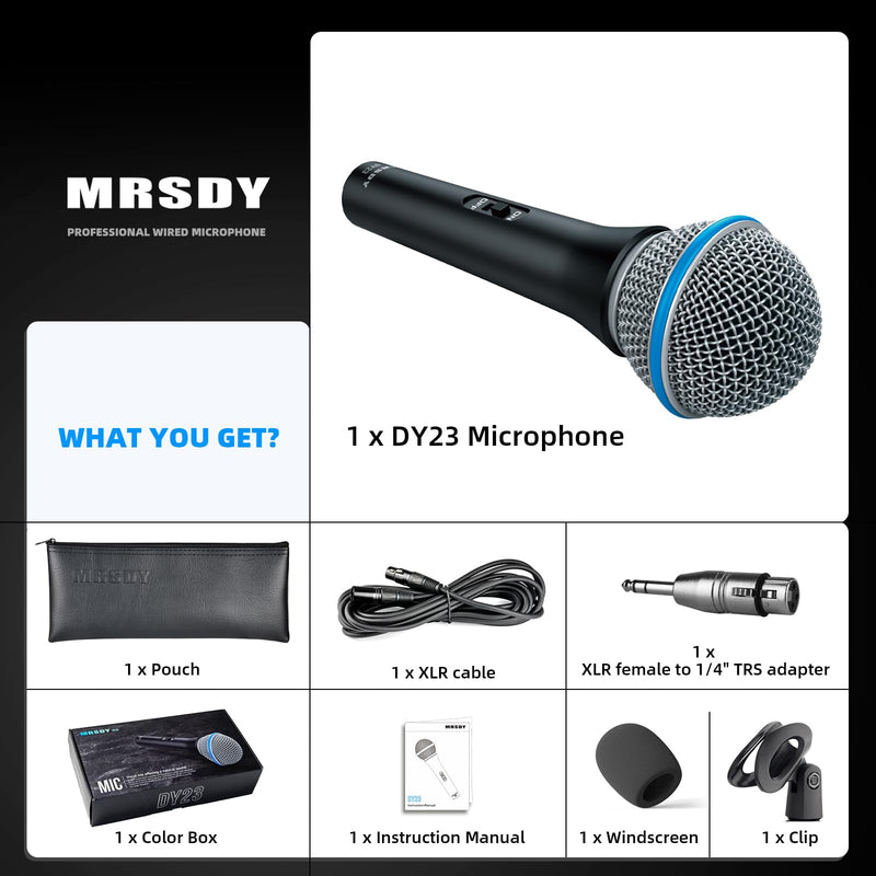 Vocal Dynamic Microphone, Metal Handheld Wired Microphone for Singing, Mic Suitable for Karaoke and Recording, with On/Off Switch and 16.4ft XLR Cable DY23