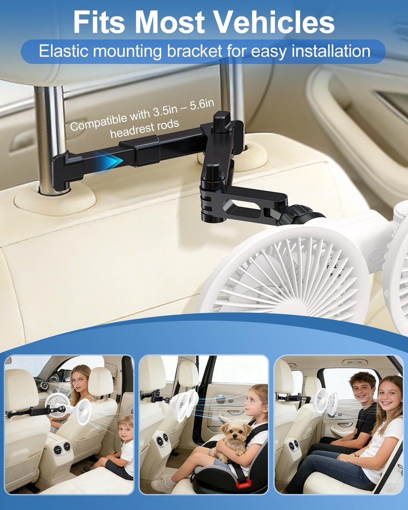 Car fan for Backseat Kids, Rechargeable Battery Powered USB Fans for Car with LED Display, Powerful 3 Speeds 360° Rotation Headrest Dual Head Cooling Car Seat Fan for Baby Rear Facing for SUV Truck