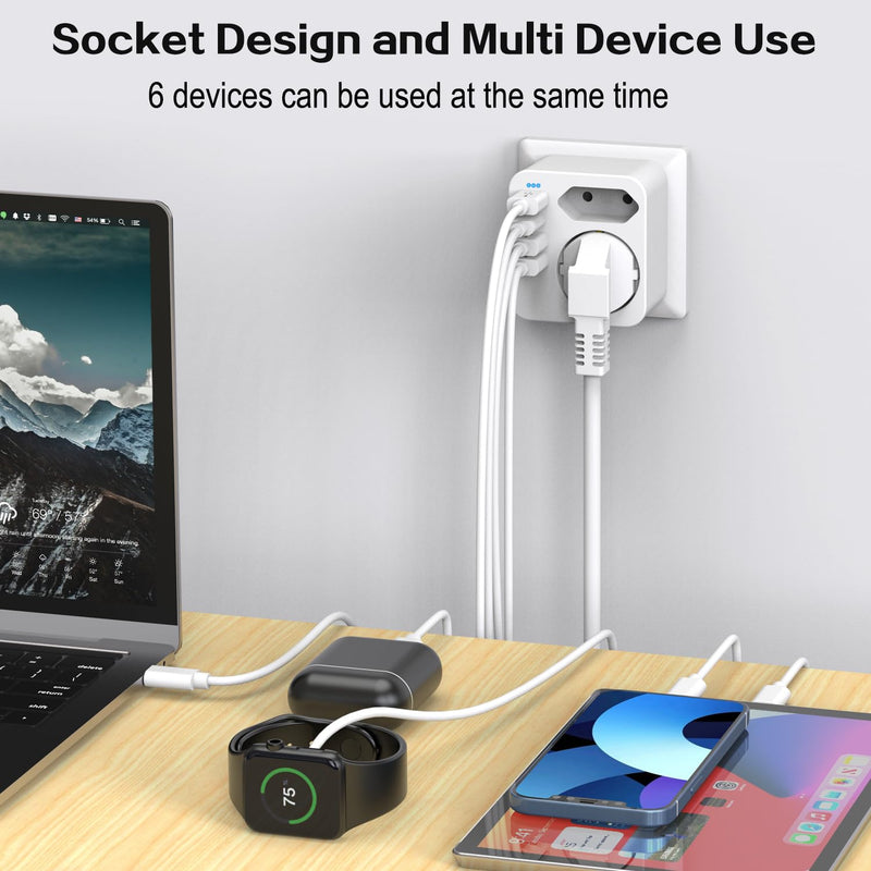 Multiple Socket with 4 USB Power Plugs, Double Plug for USB Socket, Multiple Plug for USB Socket and USB C Adapter, Wall Charger, Power Strip (White) White