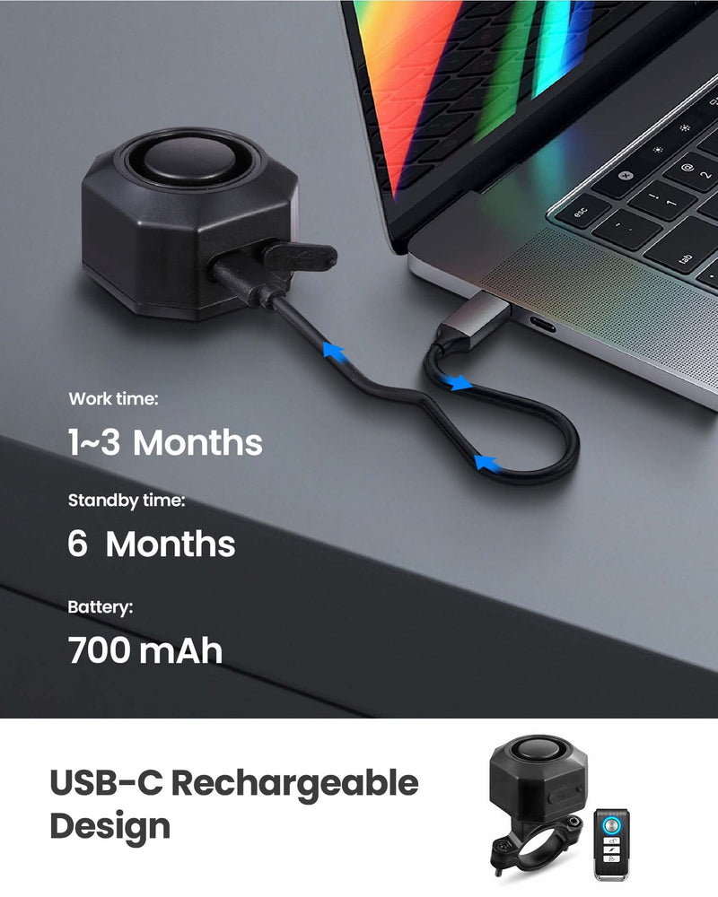 Bike Alarm with Remote, 110dB Wireless Anti-Theft Vibration Motorcycle Alarm, Door, Window & Vehicle Security Alarm System, Adjustable Sensitivity & Volume, USB-C, Waterproof, Programmable