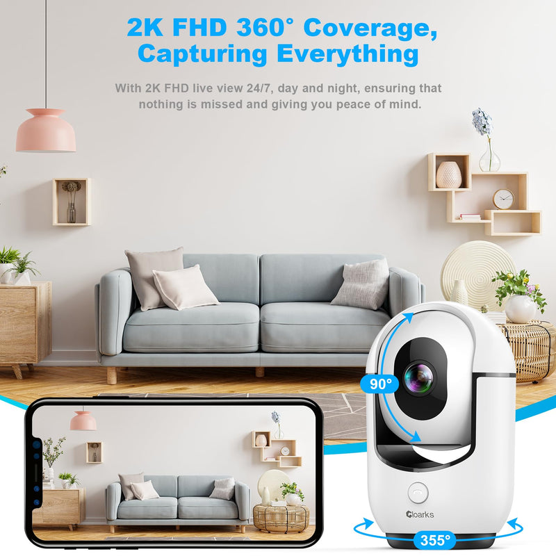 2K Pan/Tilt Security Camera, WiFi Indoor Camera for Home Security with AI Motion Detection, Baby/Pet Camera with Phone App, Color Night Vision, 2-Way Audio, 24/7, Siren, TF/Cloud Storage white