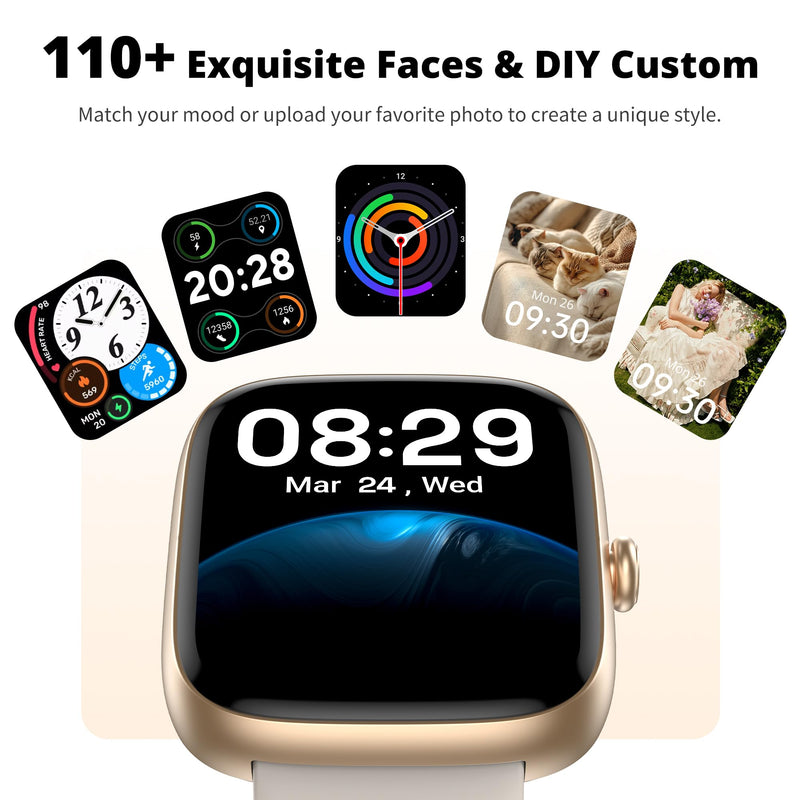 Smart Watch for Women, 1.83" HD Touchscreen Fitness Tracker, Bluetooth Calling, 110+ Sports Modes, Heart Rate SpO2 Sleep Monitor, DIY Dial, IP67 Waterproof, Compatible with Android & iOS Gold