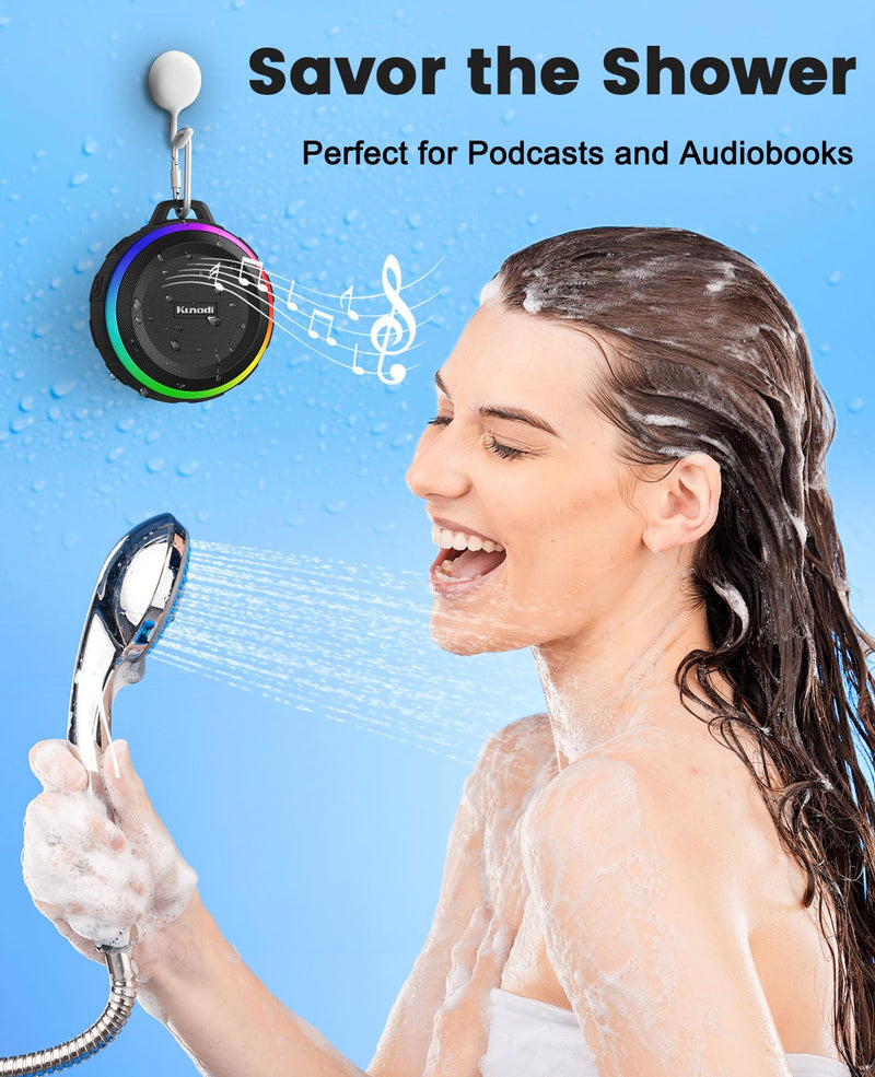 Kunodi Bluetooth Shower Speaker with IPX7 Waterproof, Dynamic Lights, Crisp Clear Sound, True Wireless Stereo, Clip Portable for Pool Beach Boat Kayak Float Golf Gift WaterproofBlack