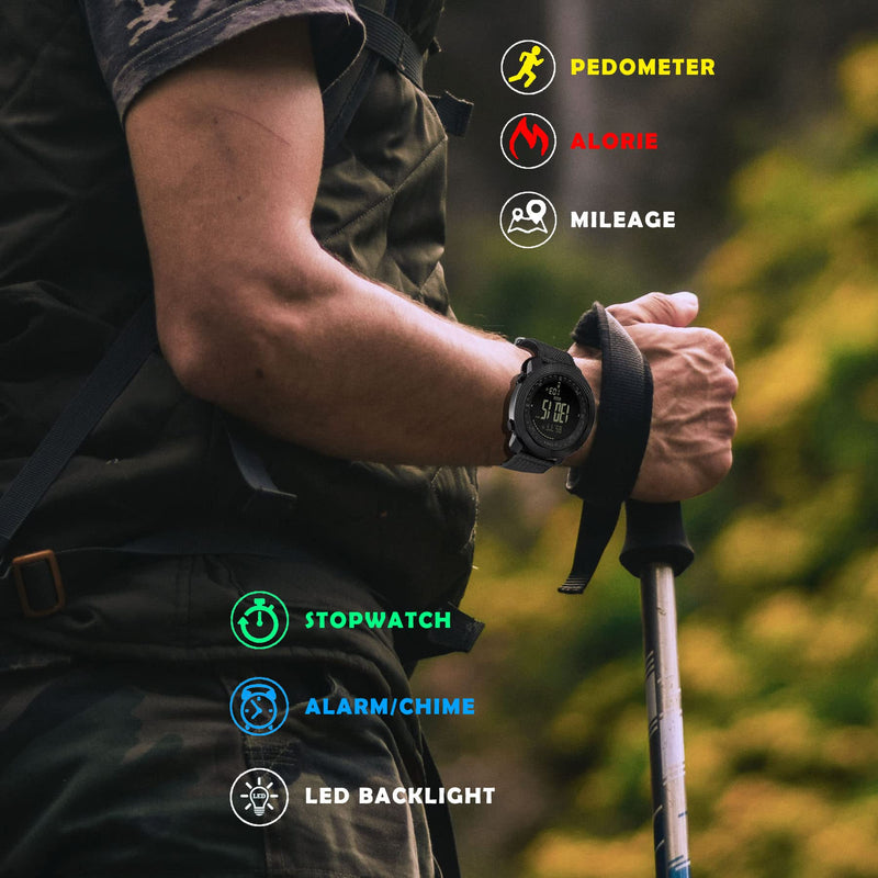 AVTREK Military Army Watch Altimeter Barometer Compass 50m Waterproof-2106 | Men's Digital Wristwatch with Backlight/Pedometer Calorie and Mileage Tracking,Outdoor Fitness Tracker BLACK