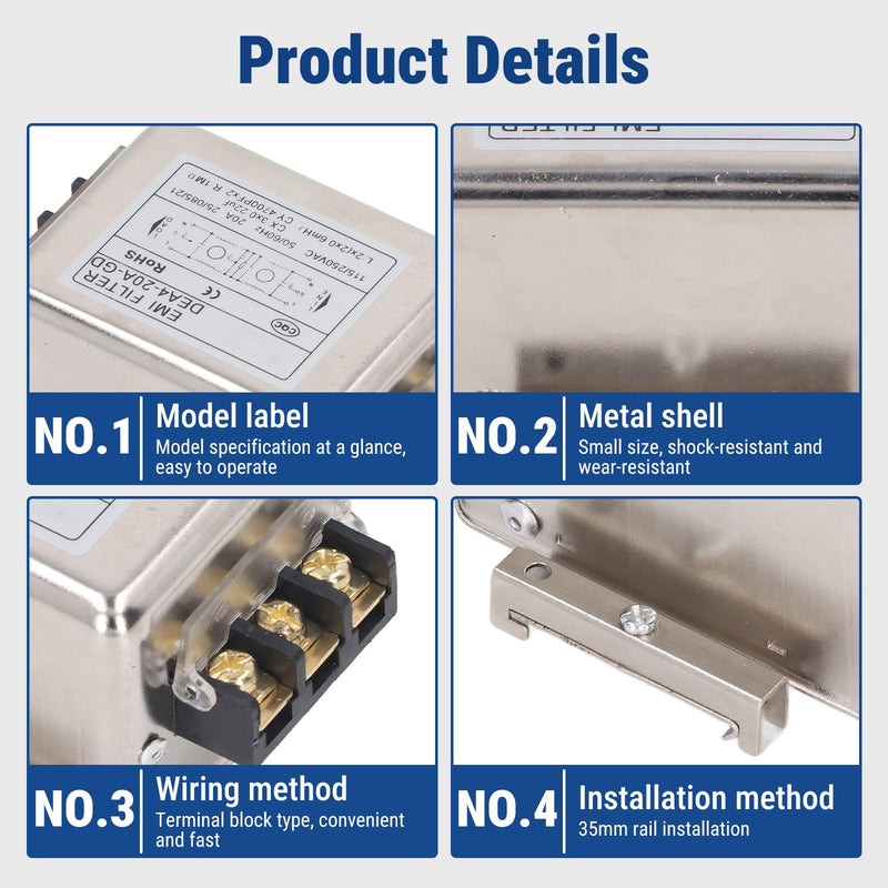 Uadme DEA4-20A-GD EMI Filter Performance Filter 115V 250V 20A 50/60Hz Single-Phase Filter, Terminal Block Connection
