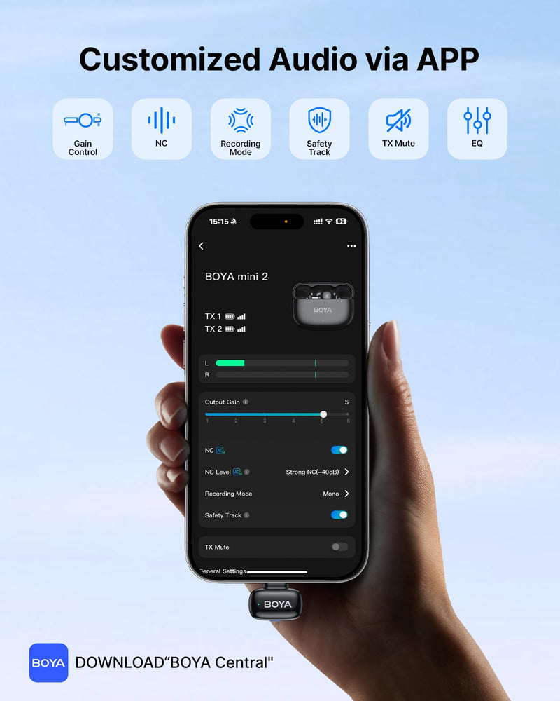 [AUSTRALIA] - BOYA mini 2 Wireless Lavalier Microphones for iPhone 15/16/17 & Android, AI Noise Cancellation, App Control, 30H Battery Life with Charging Case, Lapel Microphone Wireless for Video Recording Vlogging Black 2TX+USB-C RX+1CC 