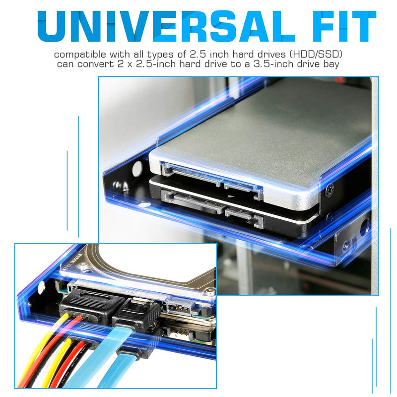 Dual SSD/HDD Metal Mounting Bracket kit 2.5 to 3.5, Convert Any 2.5 inch Solid State Drive/HDD Into One 3.5 inch Drive Bay 2 x 2.5 HDD/SSD to 3.5 Metal Black