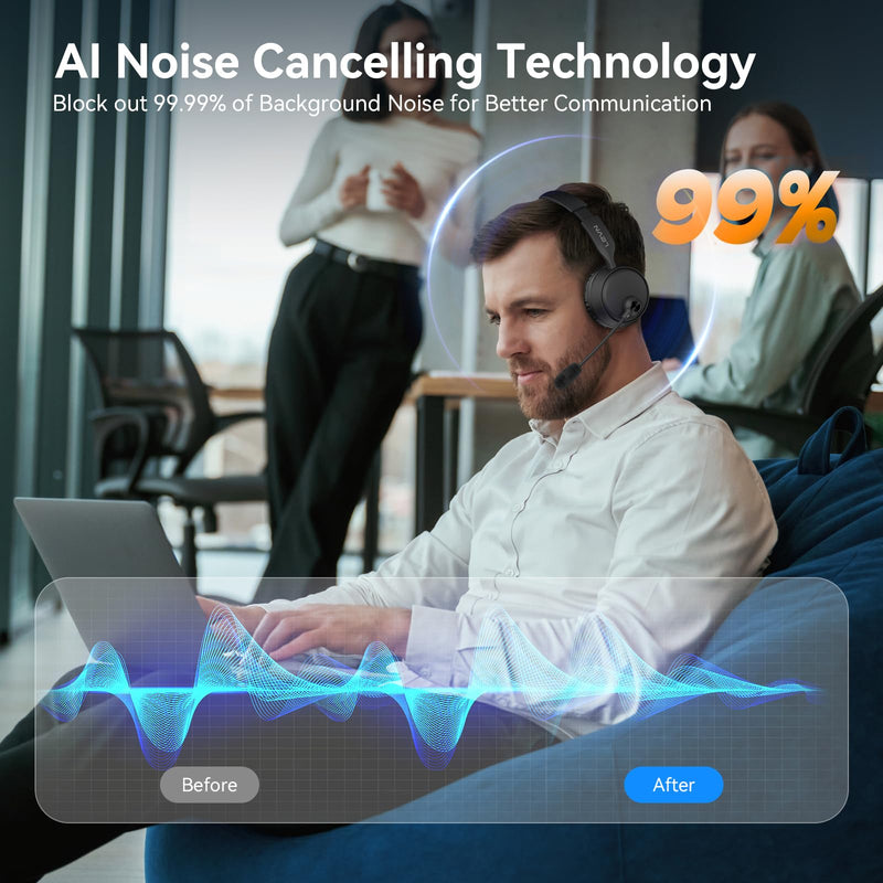[AUSTRALIA] - LEVN Bluetooth Headset with Microphone, 60 Hrs Working Time Dual Connection Bluetooth Headphones with Mic, Wireless Headset with Mic for Work/Video Meetings/Phone/Call Center/PC/Music/Zoom/Teams 