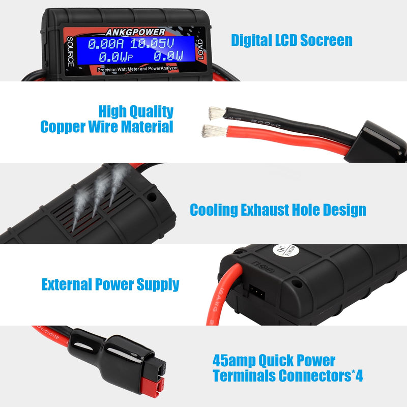 [AUSTRALIA] - 150A Watt Meter Power Analyzer, High Precision RC with Digital LCD Screen&2 Sets of 45amp Power Pole Connectors for Voltage (V) Current (A) Power (W) Charge(Ah) and Energy (Wh) Measurement BLACK 