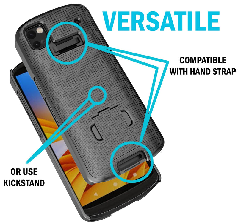 Case + Hand Strap + Belt Clip Combo for Zebra TC53 TC58 Mobile Computer Scanner, Nakedcellphone Slim Hard Shell Cover with Kickstand and [Rotating/Ratchet] Belt Hip Holster Holder Combo - Black