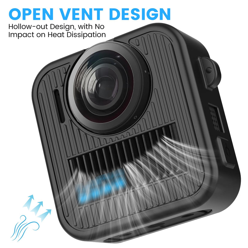[AUSTRALIA] - Silicone Protective Case for GoPro Max 2 with Open-Vent Design & Protective Accessories Kit - Includes 9H Tempered Glass Screen Protector, Lens Cap, Battery Cover & Adjustable Lanyard (Black) 