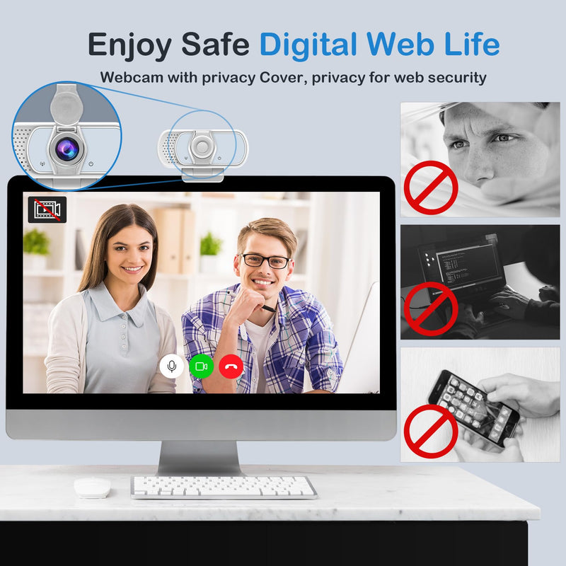 [AUSTRALIA] - Webcam with Microphone,Webcam 1080p White,USB Web Camera 110-Degree View Angle Computer Camera,Webcam Tripod/Privacy Cover/USB C Adapter Include,Plug and Play for Video Conferencing 