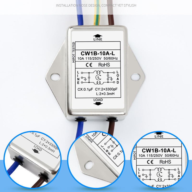 Pack of 2 EMI Filter, CW1B-10A-L(040) Single-Phase Filter, 250 V Electromagnetic Interference Filter, for Suppressing Continuous and Intermittent Pulse Interference