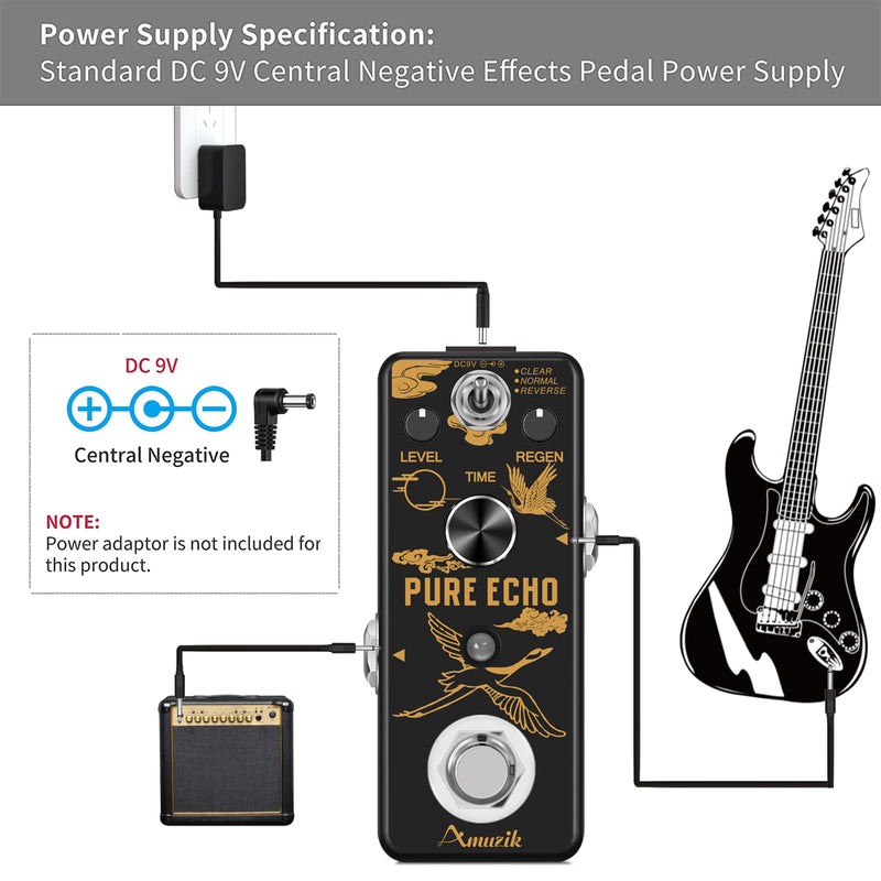 Amuzik Pure Echo Guitar Effect Pedal Analog Digital Delay Effects Pedals for Clear Normal Reverse 3 Modes with Ture Bypass Mini Size