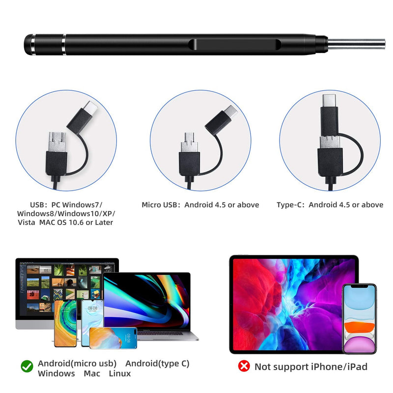 Jiusion 3.9mm Ultra-Thin Portable USB Digital Otoscope Camera with Carrying Case, HD 720P 6 LED Visual Ear Scope with 3 Hats 2 Silicone Caps 8 Earwax Spoons for Android Windows Mac NOT for iPhone iPad