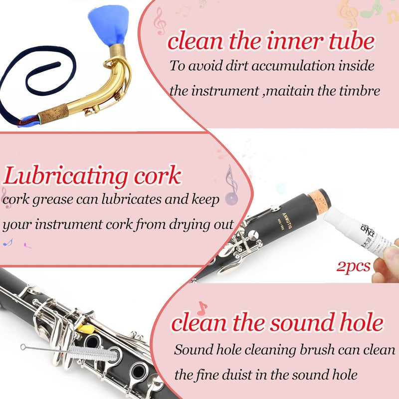 Clarinet Cleaning Kit, Saxophone Cleaning Kit,Clarinet Accessories,Mouthpiece Brush,Dust Brush,Cleaning Cloth,Clarinet Reeds Swabs,Finger Rest,Cork Grease,Pads Absorbent Cloth,Cleaning Care Kit