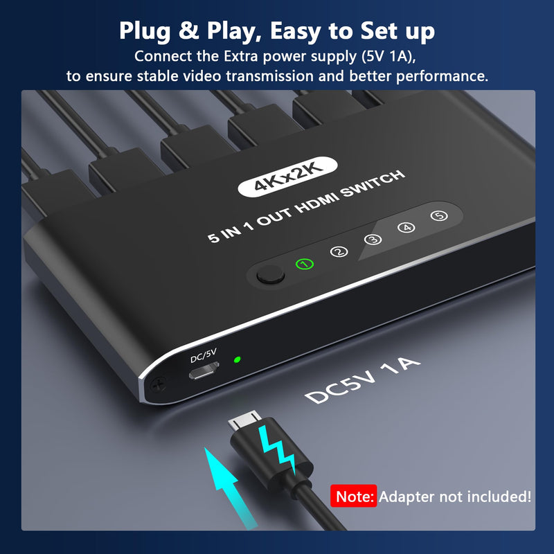 [AUSTRALIA] - 5 in 1 HDMI Switch with Remote 4K, 5 Port HDMI Switcher, HDMI Selector Splitter Box with LED Indicators, Game Switcher Hub with USB Powered for PS5 Xbox Fire Stick Roku TV Monitor 