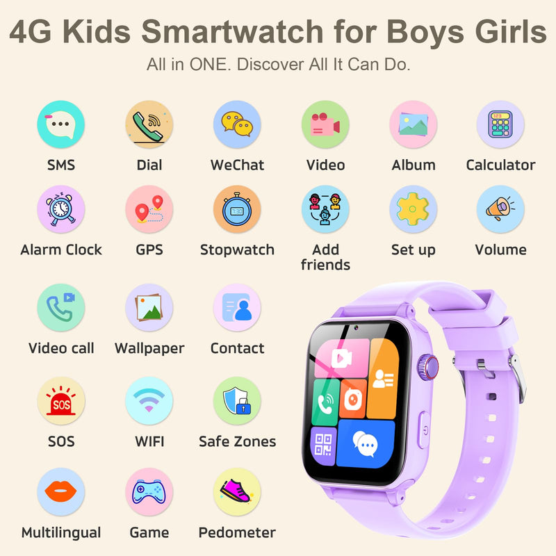 Kids Smartwatch for Boys Girls with GPS Tracker 4G LTE Calling & Real-Time Location Tracking, Kids Watch with Video Chat, Camera, Games, SOS Call Watch for Children Age 3-15 (Purple)