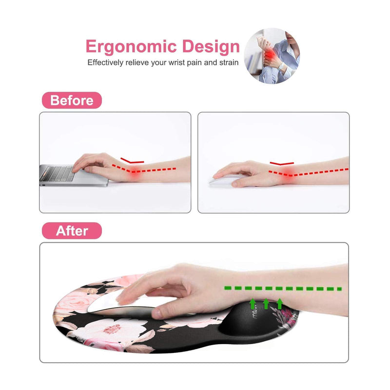MOSISO Mouse Pad with Wrist Rest Support, Peony Ergonomic Mousepad Non-Slip Base Comfortable Home/Office Pain Relief & Easy Typing Cushion for Laptop with Neoprene Cloth & Raised Memory Foam, Black
