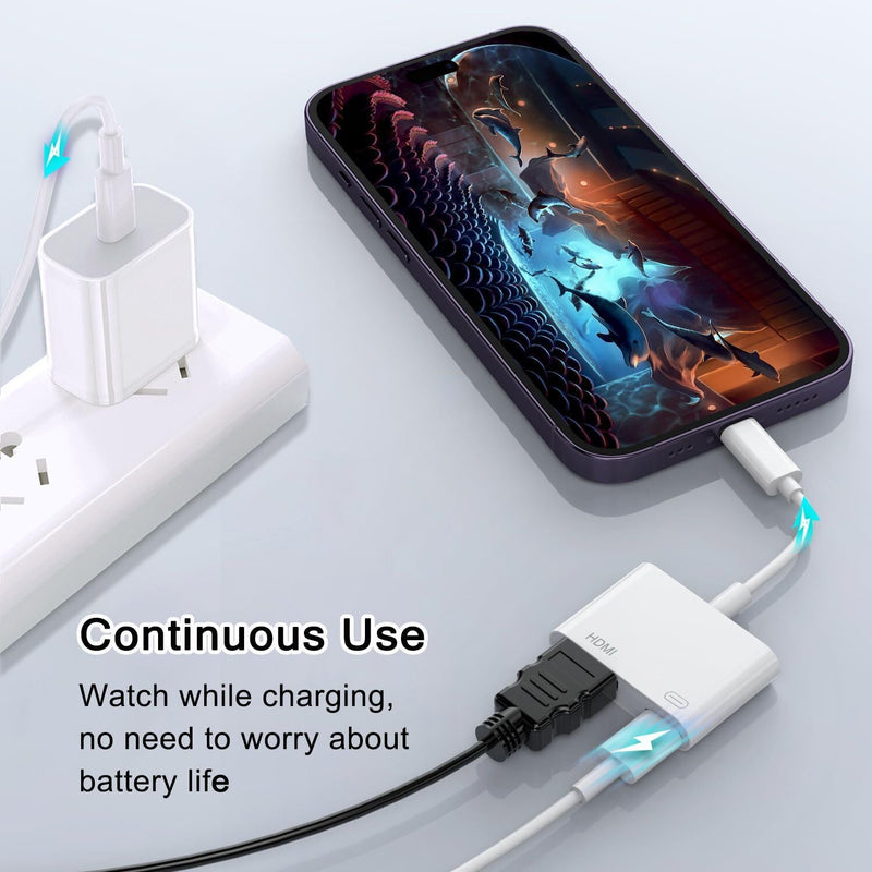 HDMI Adapter for iPhone to TV, 4K HD Digital AV Adapter Screen Converter with Charging Port, Compaitble with iPhone to HDMI Adapter Cable for HDTV, Monitor, Projector, white