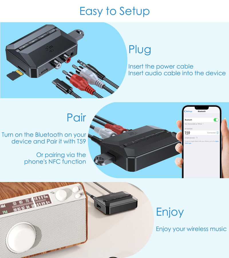 5.3 Bluetooth Receiver for Home Stereo, Bluetooth RCA Adapter for Stereo Receivers AUX Bluetooth Adapter, NFC-Enabled Bluetooth Audio Adapter, Support USB Drive/TF Card Play Music