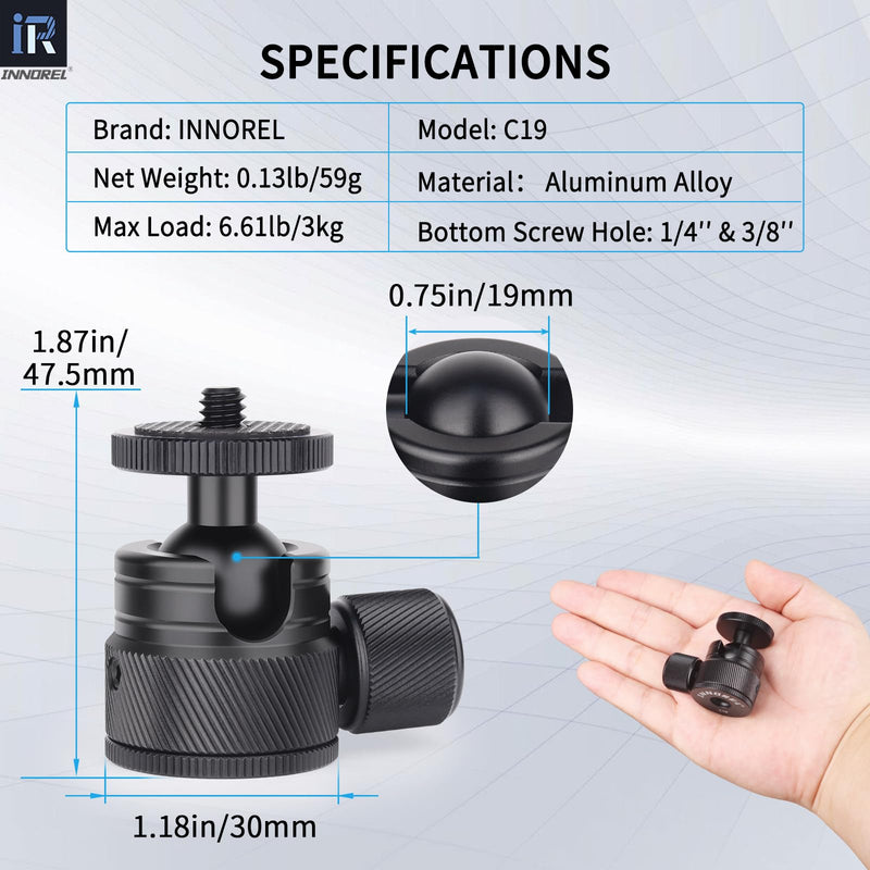 Mini Ball Head-INNOREL C19 Mount Tripod Head-CNC Metal Low Profile Ballhead 360° Pan 90° Tilt Tripods Mount with 3/8" to 1/4" Adapter Ballheads, Max Load 6.61 lb/3kg for Phone/DLSR Camera/Mini Holder