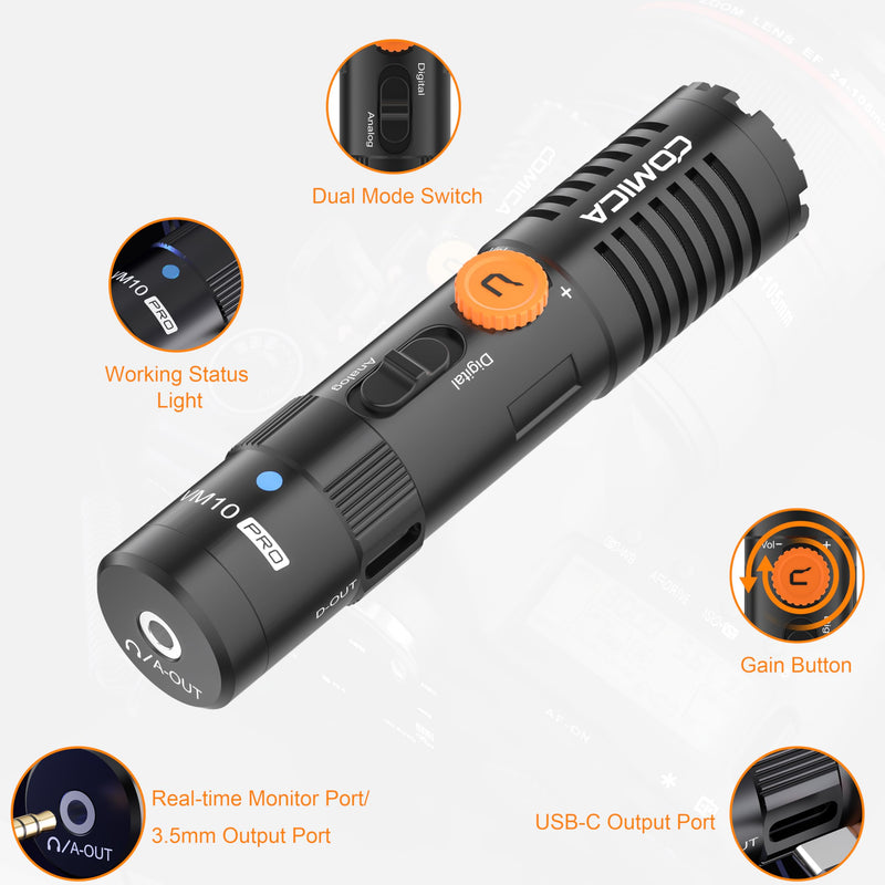COMICA VM10 PRO Universal Video Microphone - Adjustable Gain, USB C Digital Output, Monitoring - Shotgun Mic for Camera, Smartphone, Tablet, PC - Ideal for Vlogging, Live Streaming, and Recording