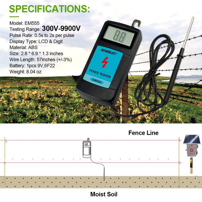allsun Digital Electric Fence Voltage Tester and Fault Farm Finder, Fence Voltmeter/Grounding Tester LCD Display for 300V to 9.9kV Pulse, Fence Voltage Indicator Checker Farm Gardening Tool