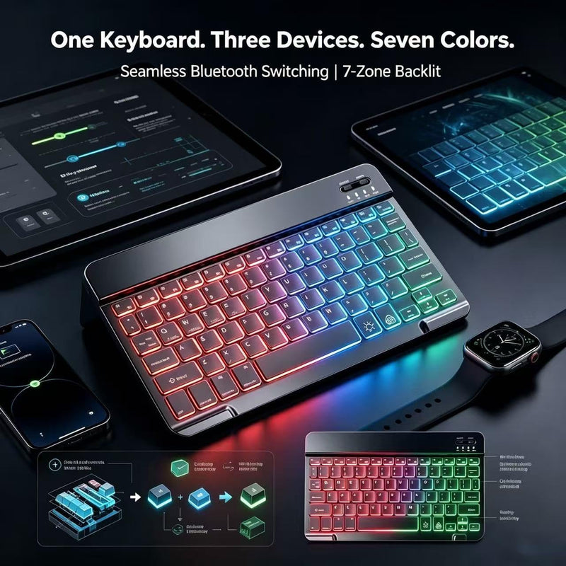 Mini Bluetooth Keyboard, Small Portable Wireless Rechargeable Keyboard with 7-Color RGB Backlit for iPad iPhone Android Samsung Tablet Smartphone (Black) Black1