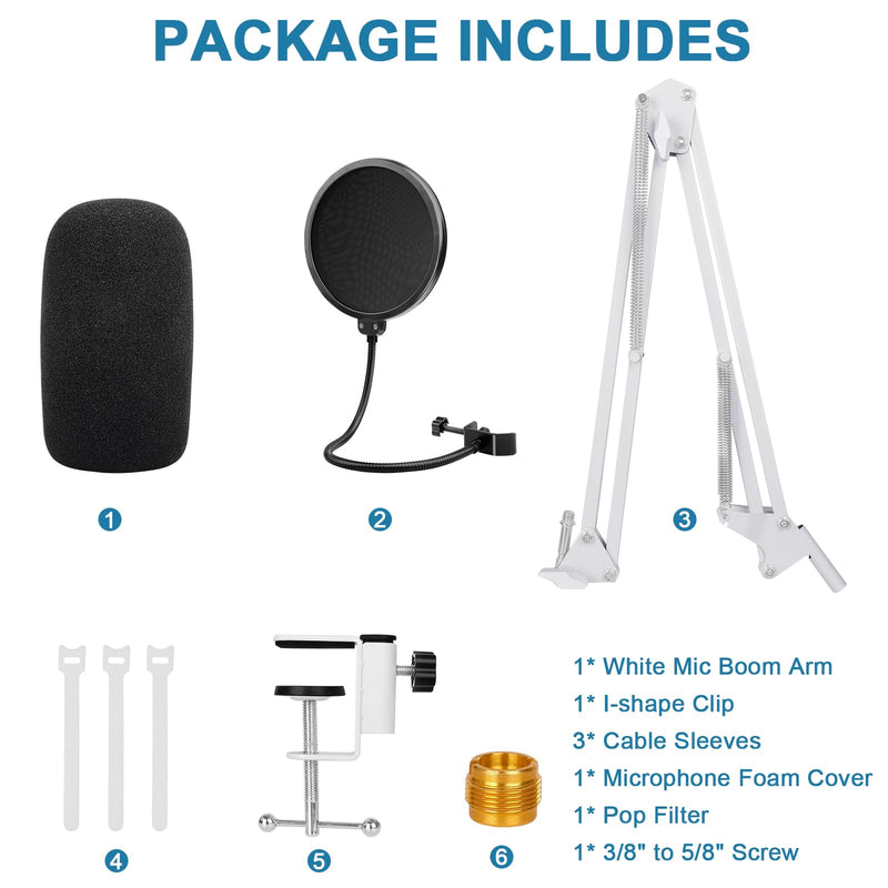 White Boom Arm for Hyperx Quadcast S, Adjustable Hyperx Quadcast White Mic Stand Microphone Arm Compatible with Hyperx Quadcast with Pop Filter,Mic Cover, By ChromLives White Boom Arm for Hyperx Quadcast S