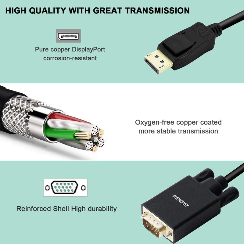 DisplayPort to VGA Adapter, Benfei DP DisplayPort to VGA 6 Feet Cable Male to Male Gold-Plated Cord Compatible for Lenovo, Dell, HP, ASUS and Other Brand 1 PACK