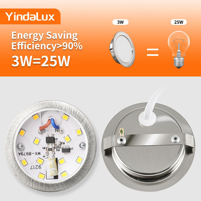 YindaLux Set of 3 LED Recessed Spotlights 230 V 3 W 3000 K Warm White Ultra Flat 300LM Bore Hole 55-58 mm and 15 mm Flat IP44 Furniture Recessed Light for Mirror Cabinet Brushed Nickel 3 Stück Brushed Stainless Steel 3000 K