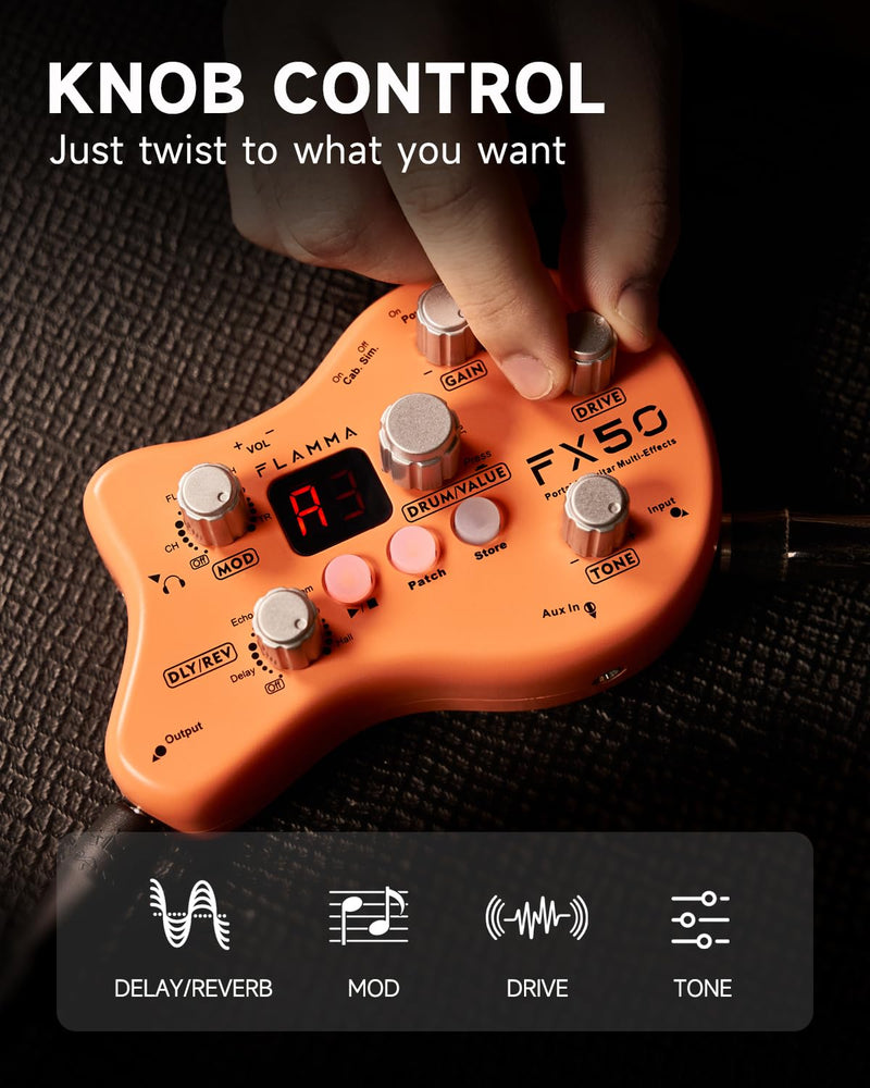 FLAMMA FX50 Practice Guitar Pedal Multi Effects Pedal Mini Portable with 40 Drum Rhythms15 Effects 32 Patches Tuner Function Support Both Corded and Battery Powered FX50 Orange