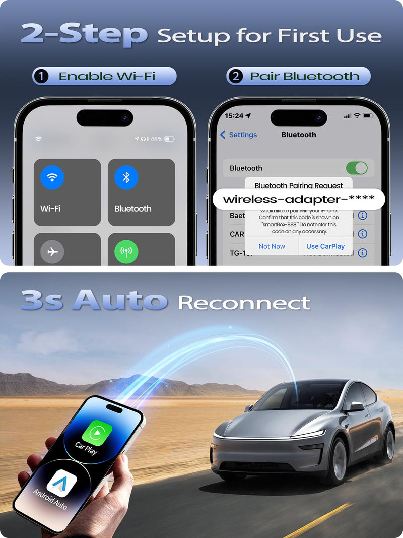 [AUSTRALIA] - Mini Wireless CarPlay & Android Auto Adapter for iPhone & Android Phone (2026 Upgrade), No Lag, Fast Stable Connection, Converts Wired to Wireless CarPlay Dongle for 2016+ Cars, USB-A&C Port Blue 