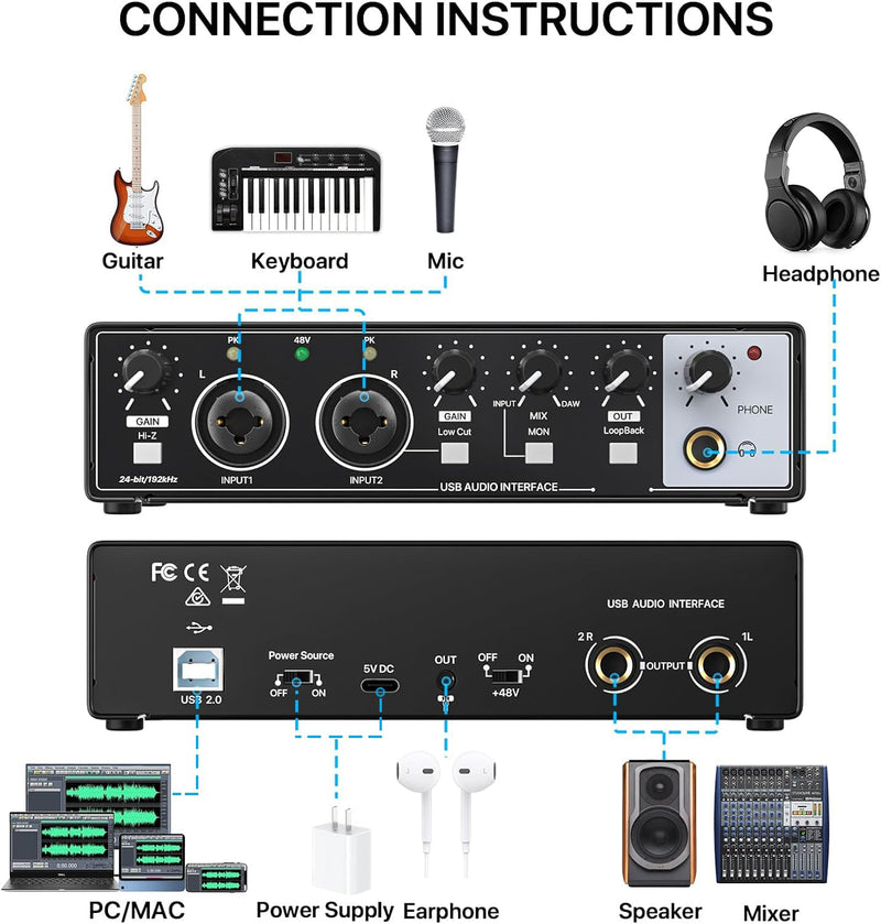 EBXYA 2i2 USB Audio Interface for PC Recording, 24-bit/192kHz Plug and Play USB Interface +48V Phantom Power for Music, Studio, Guitar, Podcast, Streaming No Software Included(Metallic Black) Audio Interface-Black