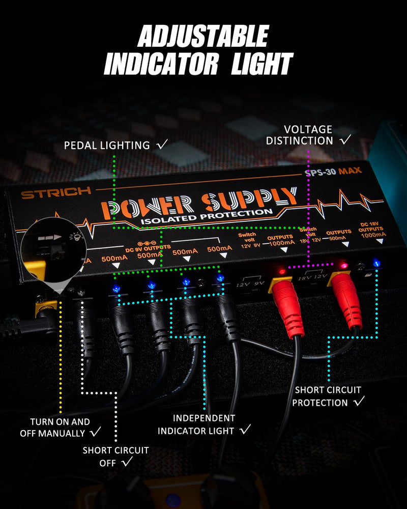 [AUSTRALIA] - STRICH Guitar Pedal High Power Supply, Pedalboard Power Supply with 8 Totally True Isolated DC 9V/12V/18V Outputs(500mA/1000mA), Power Supply for Power-hungry Effect Pedal, Noiselessly, SPS-30 MAX 