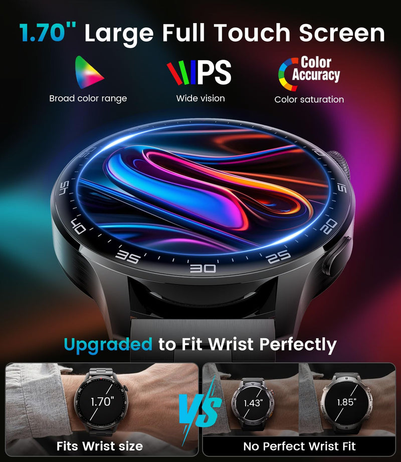 Smart Watch for Men(Answer/Make Calls), 1,7'' HD Large Screen Men's Smartwatch with 800mAh Batterry/Flashlight/Heart Rate/Sleep Monitor/100+ Sport Modes, IP68 Waterproof Fitness Watch Silver Black