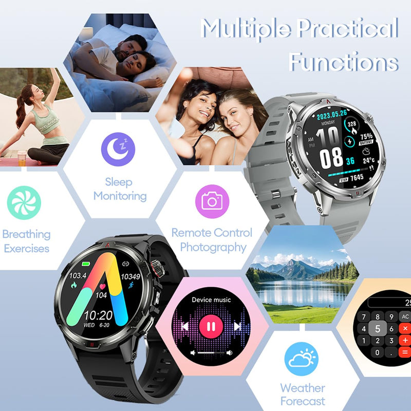 AOLON 1.43” AMOLED Smart Watch, 1ATM Waterproof Military Fitness Tracker | AOD Display Bluetooth Call Compass AGPS, Heart Rate SPO2 Sleep Monitor for Men Black