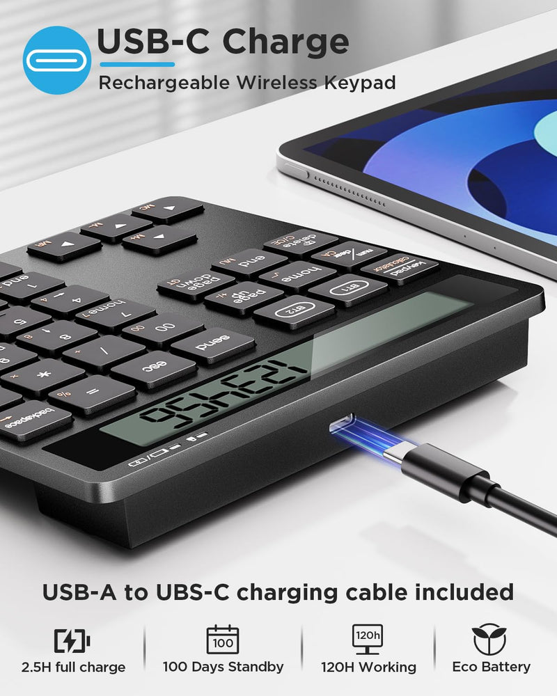 Rechargeable Wireless Number Pad for Laptop, Dual Bluetooth Number Keypad with Calculator Display, 34-Key Numeric Keypad for Windows, Mac, PC, Tablet Black