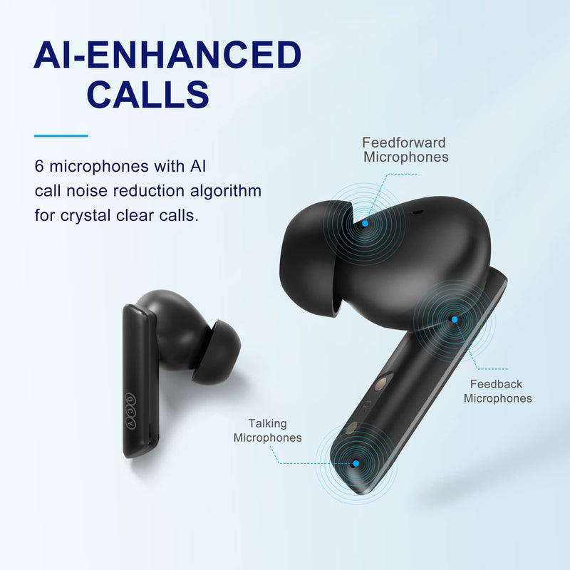QCY HT05 Multi-Mode Active Noise Cancelling Wireless Earbuds, AI-Enhanced Calls Bluetooth Headphones with 6 Mics, Anti-Wind Noise, Transparency, App for Custom EQ, 30H Playtime, Bluetooth 5.2 Black