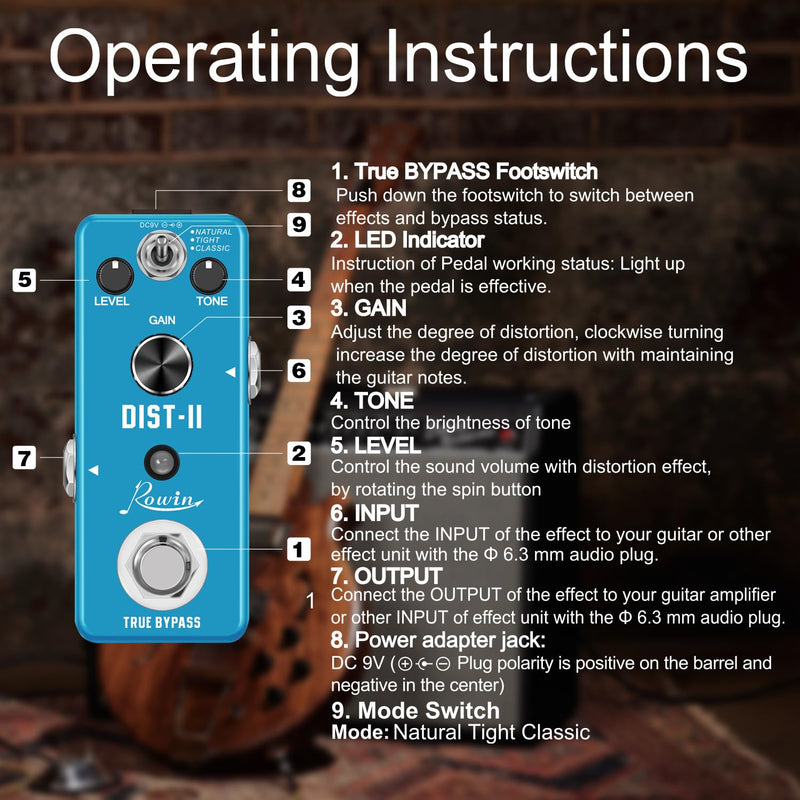 Rowin Distortion Guitar Effect Pedal Mini Analog Solo Distortion Pedal for Electric Guitar True Bypass DC 9V Blue LEF-301B