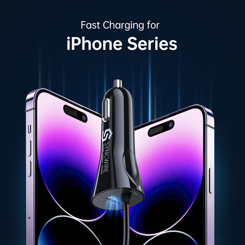 Syncwire iPhone Car Charger - Upgrade [Apple MFi Certified] 4.8A/24W Car Charging Adapter with Built-in Coiled Lightning Cable for Apple iPhone 14/13/12/11/Xs/XS Max/XR/X/8/7/6 Plus, iPad & More 5FT