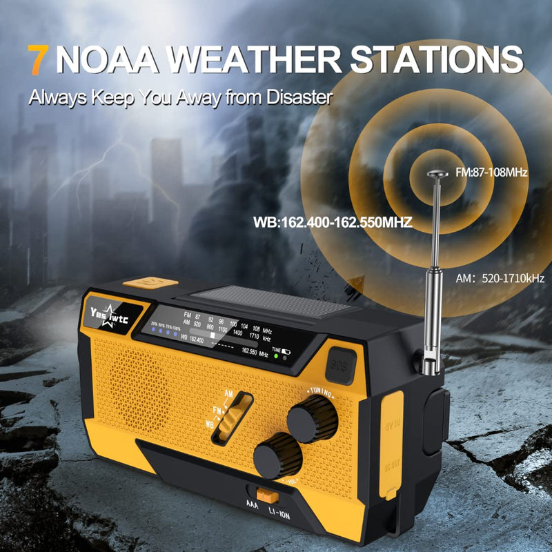 Yestiwc 7400mWh Emergency Crank Radio, Hand Crank Solar Radio, Battery Radio Emergency with NOAA/AM/FM, Power Bank, Hand Crank/SOS Alert&Flashlight Reading Lamp for Emergency Camping Storm Survival Orange