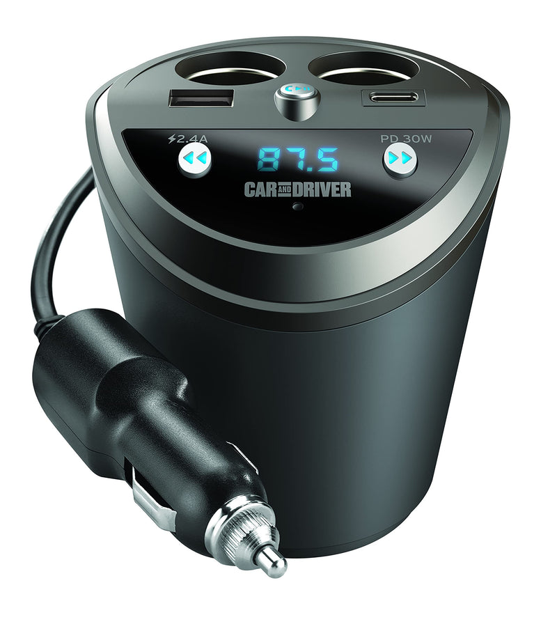 Car and Driver Smart FM Transmitter Bluetooth Cup Holder, Compatible with Alexa, Siri, and Google Assistant for Car, Dual USB-A and USB-C PD Fast-Charging Ports and Cigarette Lighter 12V Power Sockets 6057