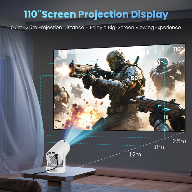 [AUSTRALIA] - Mini Projector with WiFi and Bluetooth, 4K 1080P Support Portable Projector with Speaker, 110'' Big Screen Projection, Auto Keystone, 180° Rotatable Smart Projector for Phone/TV Stick/Laptop White. 
