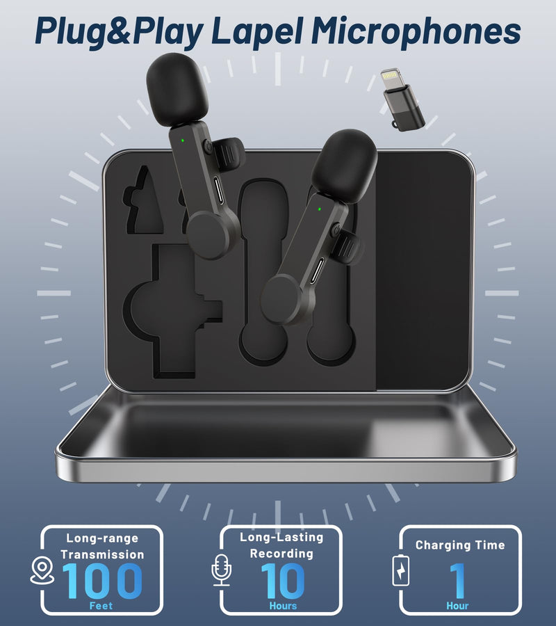 Wireless Lavalier Microphone for iPhone 15 Android iPad - Cordless USB-C Mic for Video Recording Vlog, Crystal Clear Sound, Noise Reduction USB-C Mic with Lightning Adapter