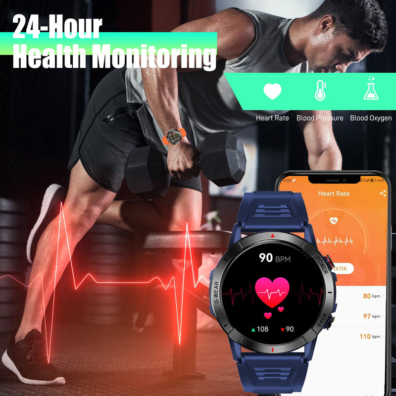 Military Smart Watch for Men Make/Answer Calls 1.43" AMOLED Display | Rugged Outdoor Tactical Smartwatch with 110+ Sports Modes, Heart Rate & Sleep Monitor Sports Fitness Watch for Android iOS Blue