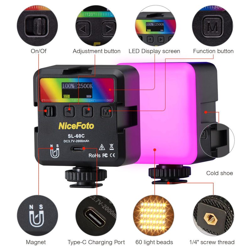 NiceFoto RGB Video Lights, 360° Full Color LED Video Light with 3 Cold Shoe Mounts, 2500K-9000K, CRI 96+, 18 Scene Modes, Magnetic RGB Camera Light for Vlog Filming, TikTok, Live, Photography