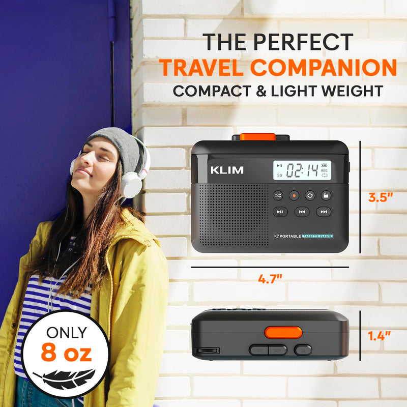 [AUSTRALIA] - KLIM K7 Cassette Tape Player - Cassette to MP3 Converter - Portable - Built-in Microphone & Speaker - Rechargeable Battery - Earphones - 16GB SD Card - Black-Orange Black Orange 