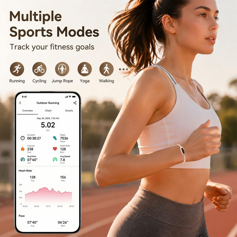 Ladies Smart Bracelet for Women Fitness Tracker Heart Rate Sleep Monitor Sports Modes Remote Camera Waterproof Ultra-Thin Luxury Womens Gold Smart Bracelet for Android iOS Phones silver
